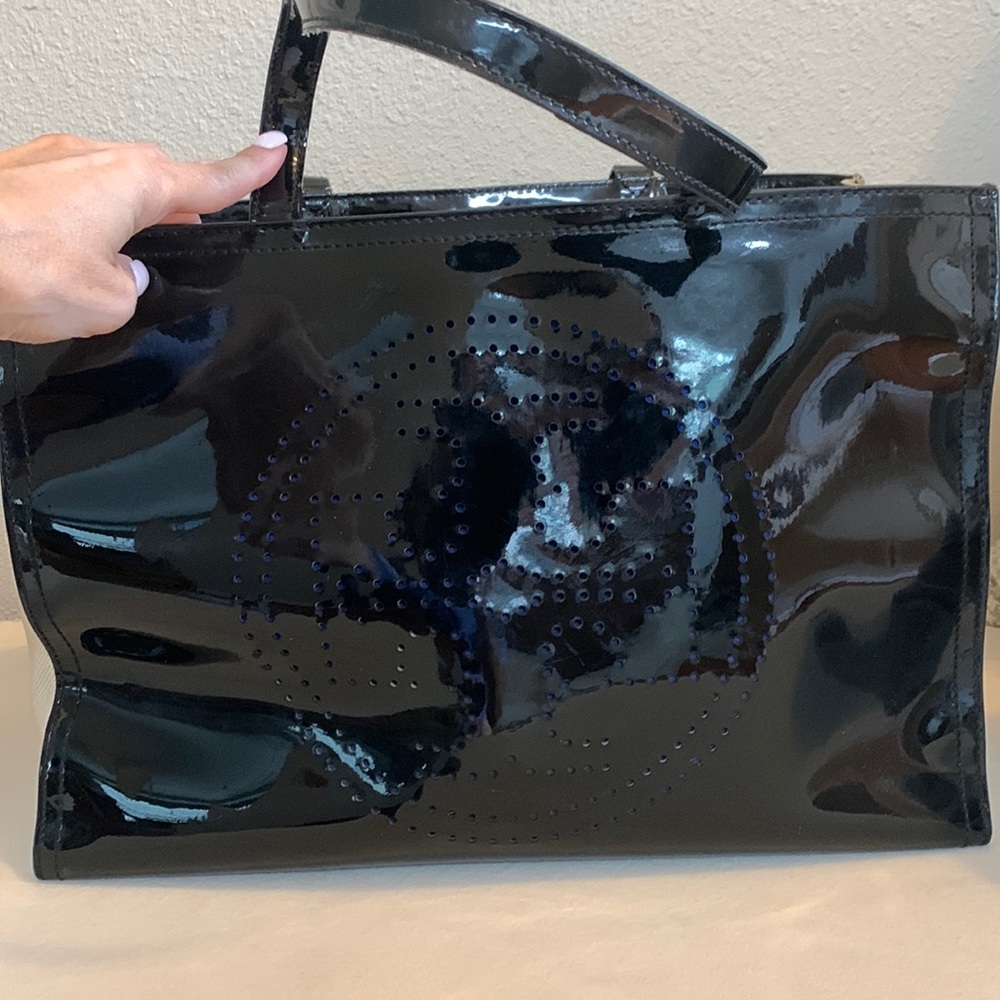 Tory Burch black patent leather and tan canvas tote bag